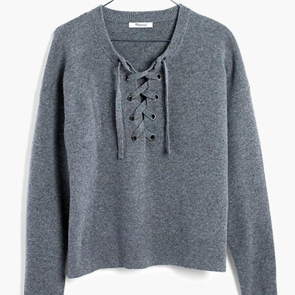 MADEWELL Gray Merino Wool Lace Up Sweater - Picture 1 of 3